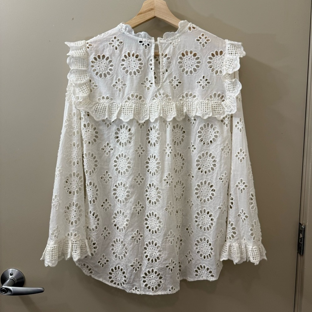 Zara Eyelet white cotton long sleeve blouse size medium Victorian summer coastal - Picture 6 of 10